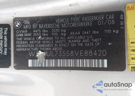 2008 BMW 128I z USA, uszkodzony, nr VIN WBAUL73558VE88420